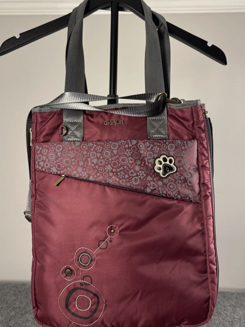 Chala Burgundy and Gray Tote with Paw Charm